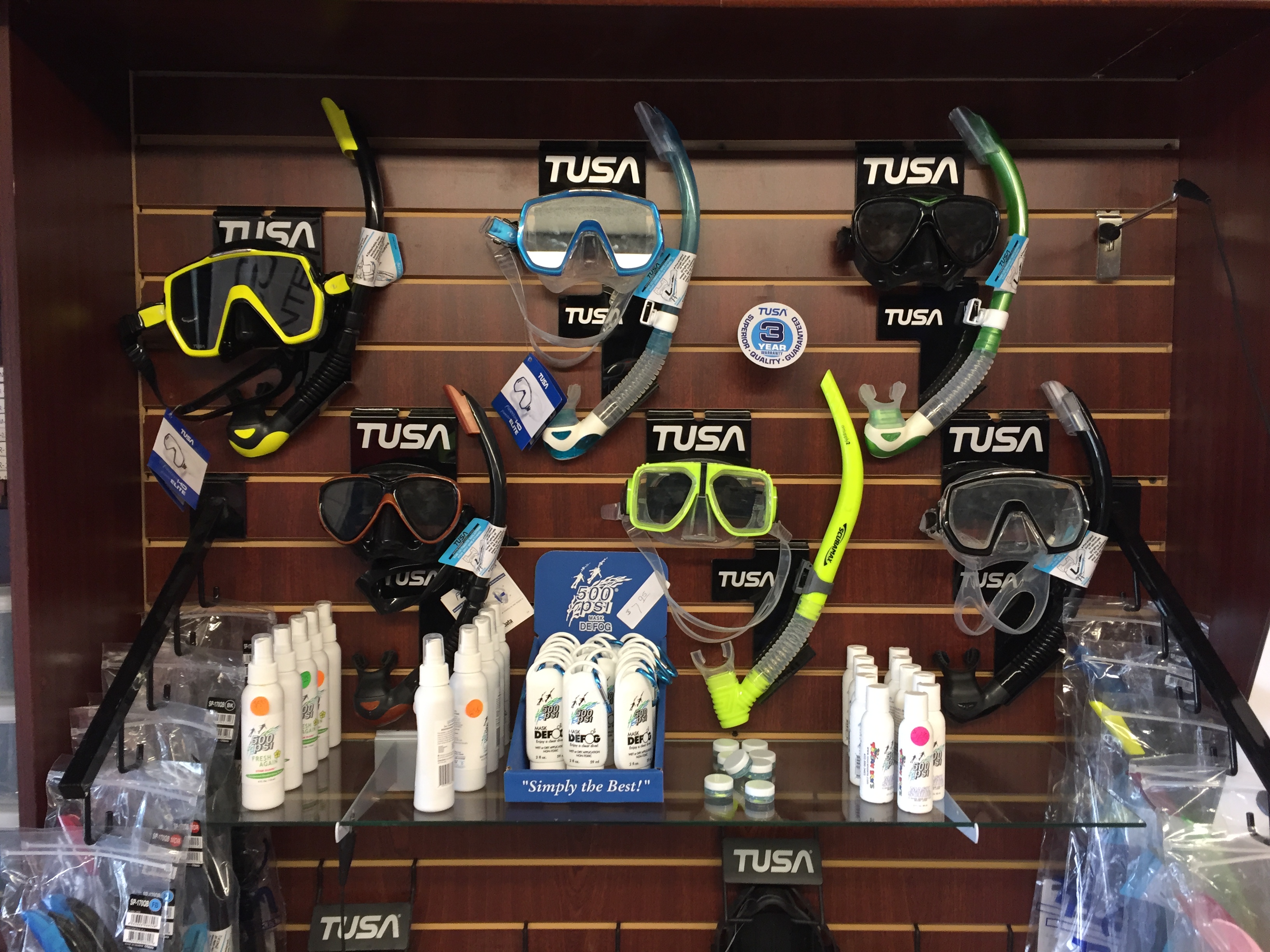 display of masks and snorkels